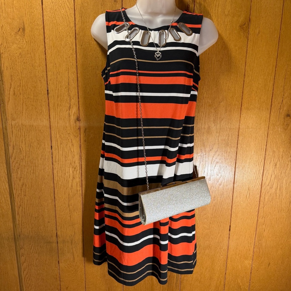 Haani Sleeveless Striped Midi Dress in Black Red White Metal Neck Details Size S